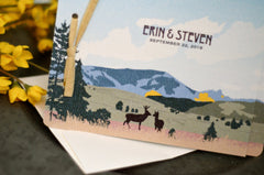 Montana Wedding Invitation Mountain Landscape with Deer - 2 page Livret Booklet Wedding Invitation with Envelope, Big Sky Wedding Invitation