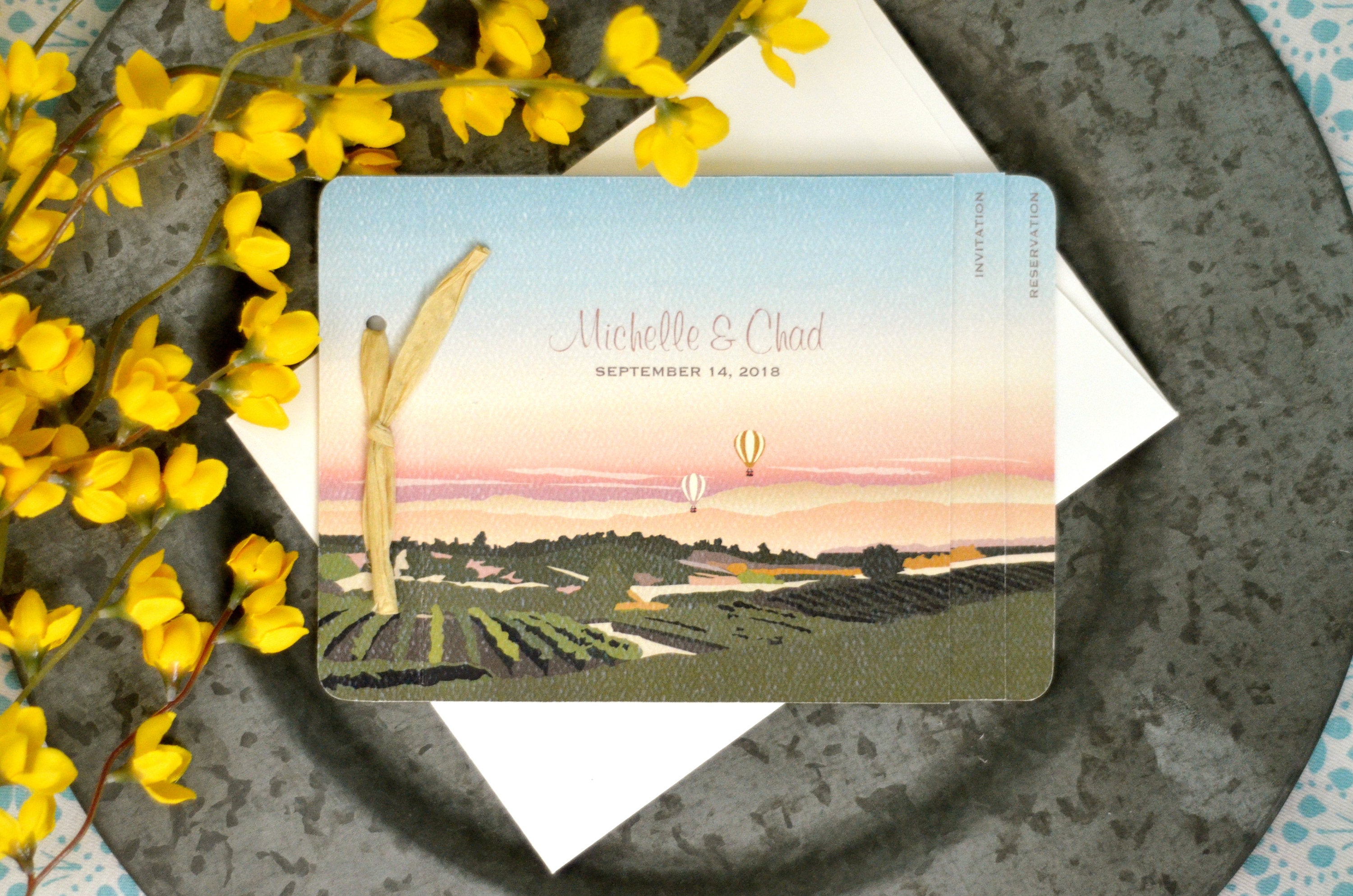 California Vineyard Hot Air Balloon Landscape with Sunset Wedding Livret 3pg Booklet Invitation with Envelope and Tear-Off RSVP