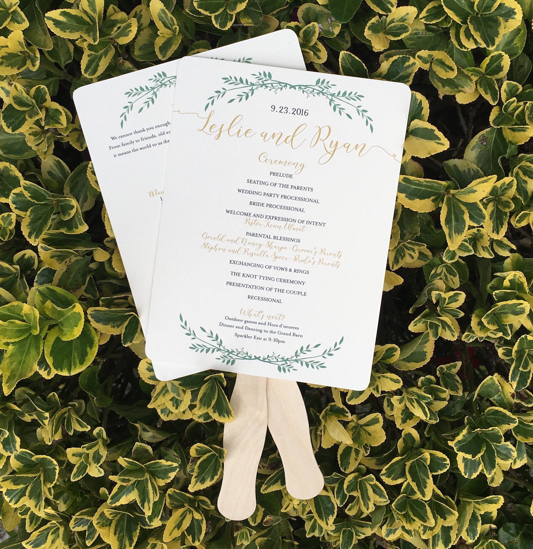 Elegant Gold Script with Greenery Wedding Program Fans // Fully Assembled Wedding Program Fans