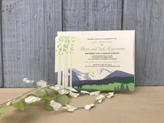 Longs Peak Colorado Spring Wedding // 5x7 Wedding Invitation and A7 Envelopes // Spring Green and Birch Trees