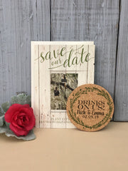 Greenery Cork Coaster Save the Date / Rustic Cork Coaster Save our Date Announcement / Drinks on us Save the Date with Photograph