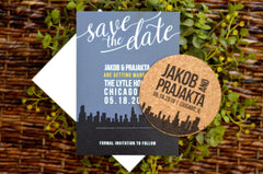 Modern Chicago Skyline with Printed Cork Coaster Save the Date includes A7 Envelopes