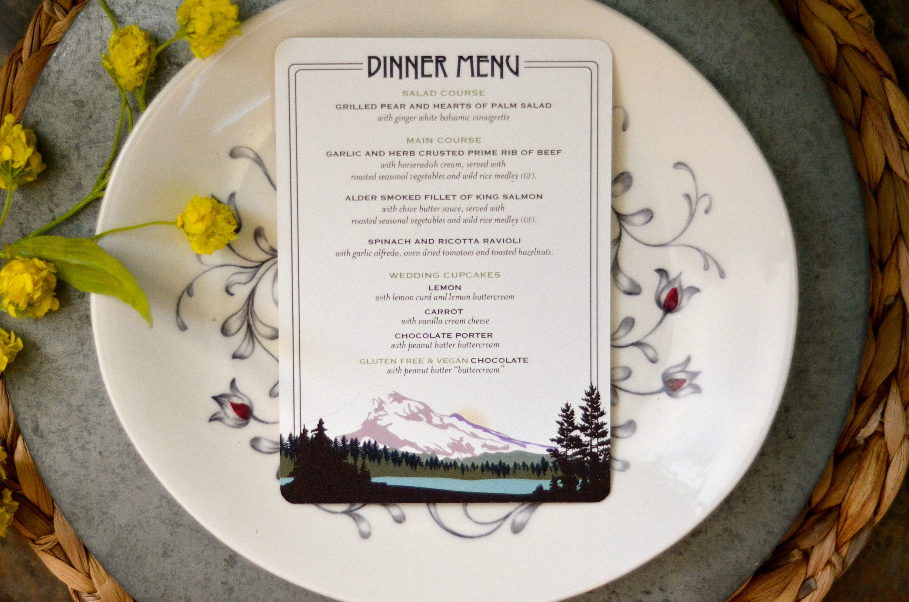 Rustic Colorado Purple Mountain Dinner Menu // 5x8 Wedding Dinner Menu // Reception Menu // Rehearsal Dinner Menu