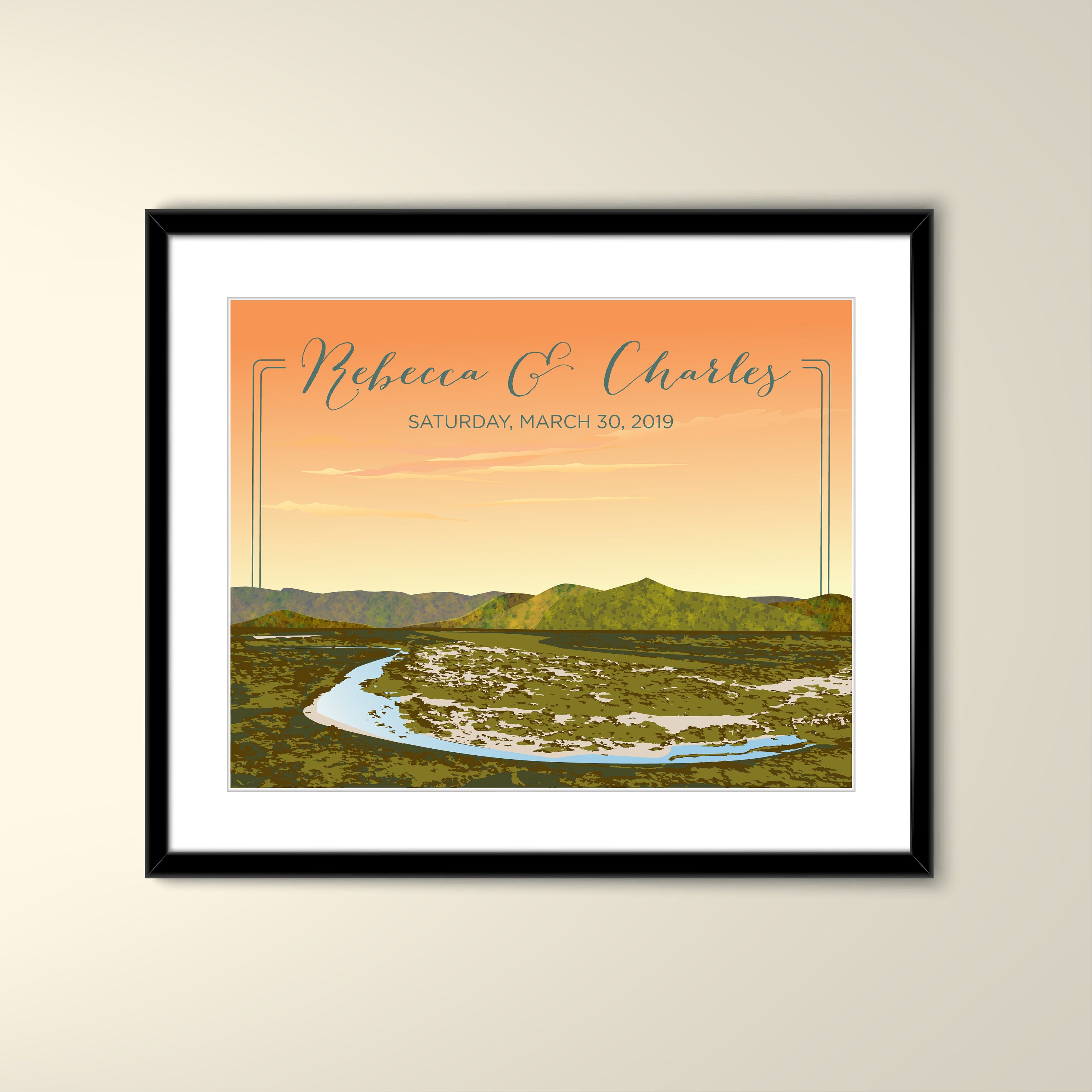 Texas Hill Country and River Vintage Travel 11x14 Paper Poster - Wedding Poster personalized with Names and date (frame not included)