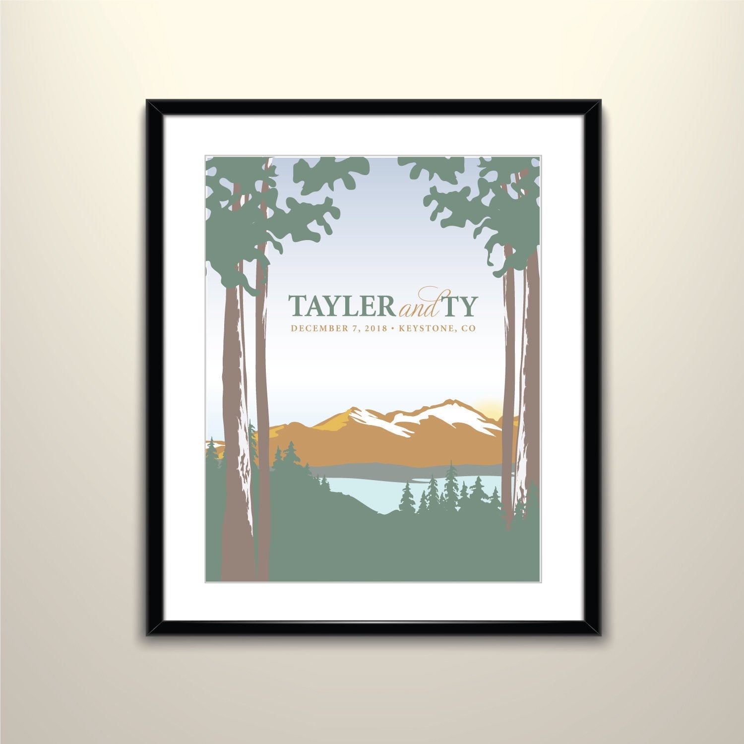 11x14 Colorado Mountain Vintage Travel Wedding Poster personalized with Names and date (frame not included)