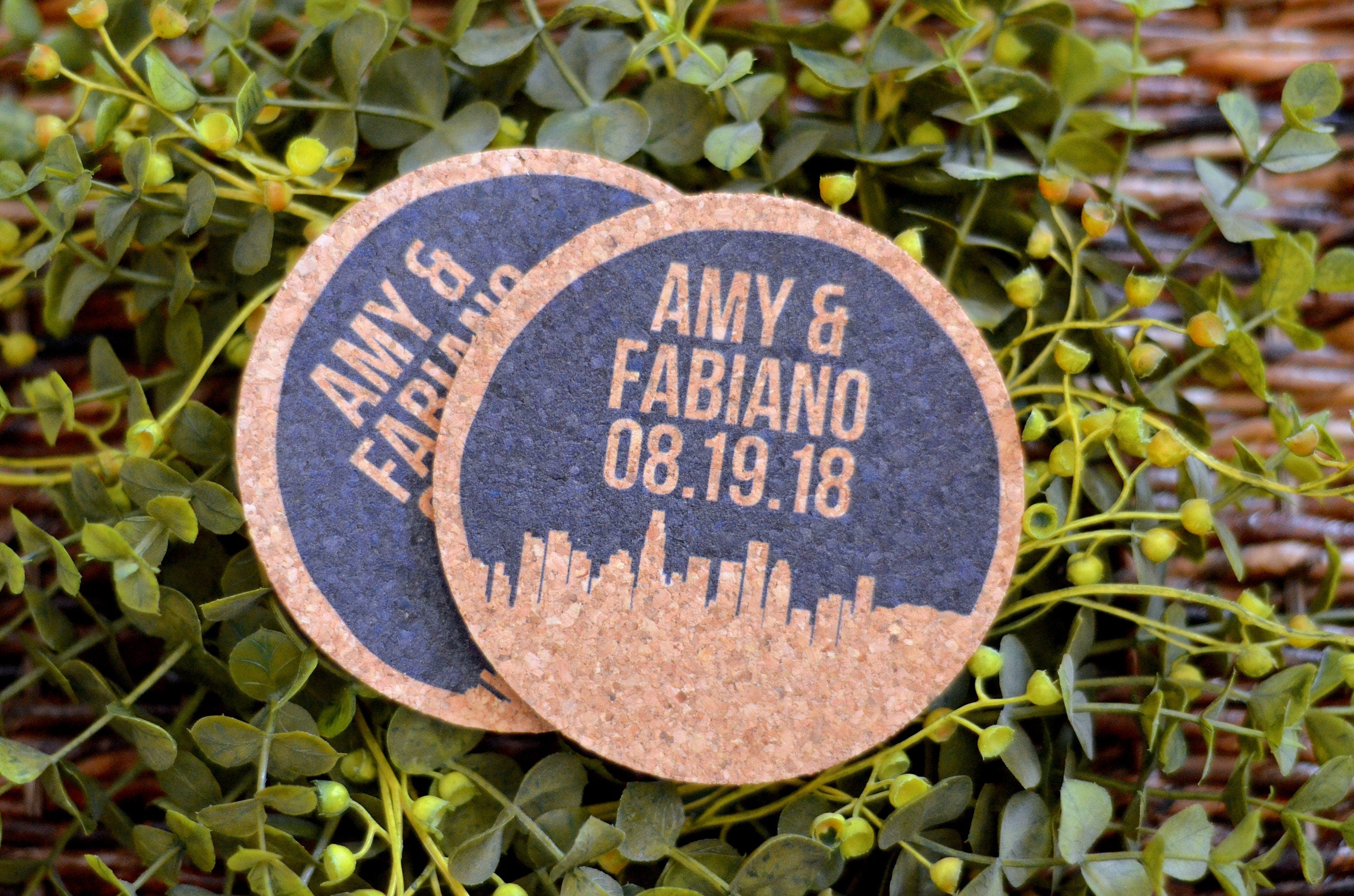 Los Angeles Skyline Wedding Cork Coaster Favors Personalized with Names and Wedding Date // Wedding Reception Cork Coaster Favor