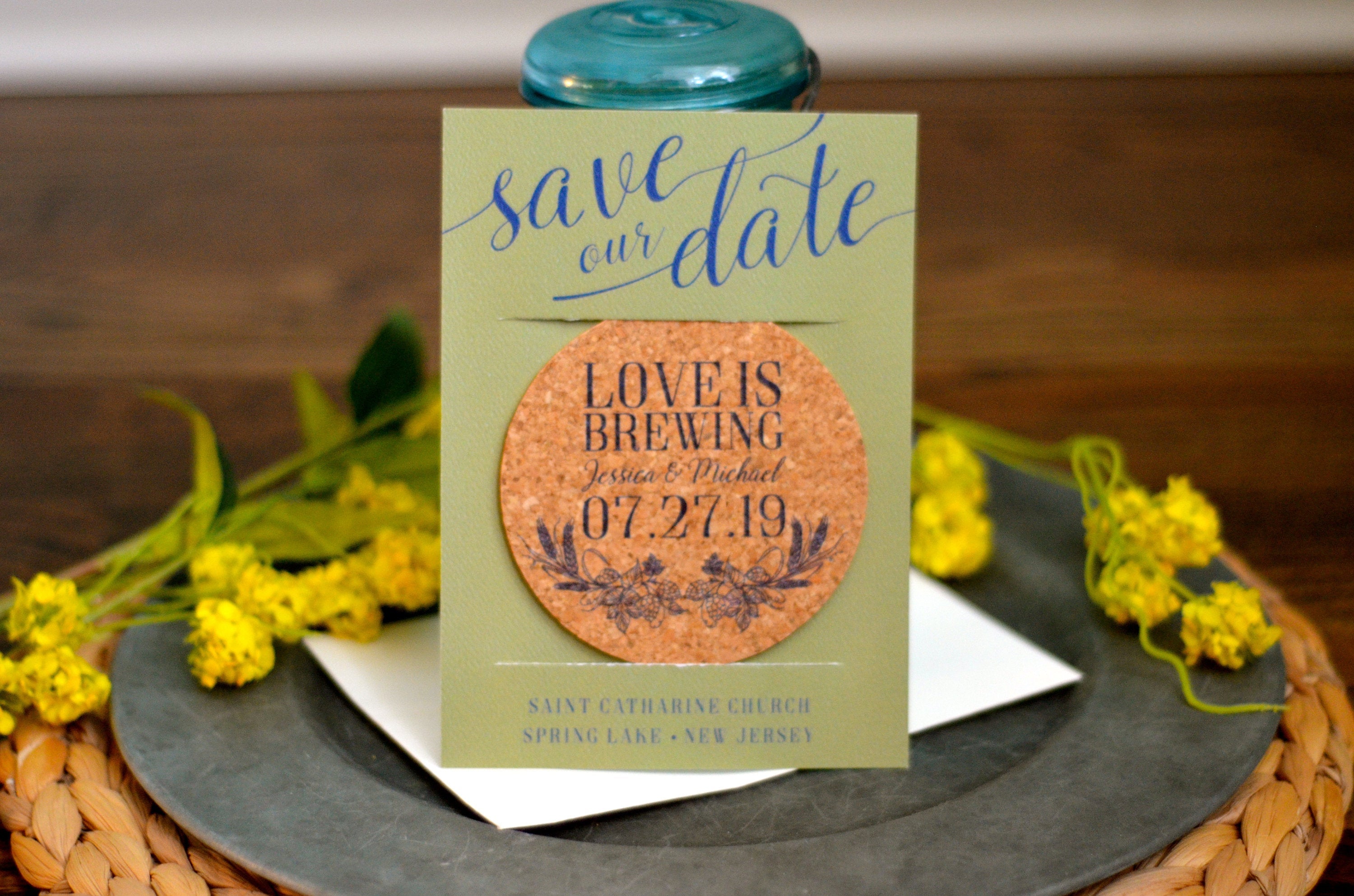 Barley and Hops Wreath Love is Brewing Save the Date Cork Coaster // Green and Navy Brewery Wedding Save the Date
