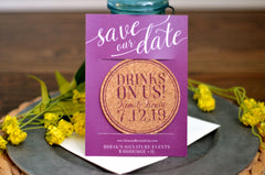 Drinks On Us Modern Purple and Blush Pink Handwritten Cork Coaster Save the Date with Photograph and Envelope