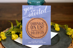 Drinks on Us Light Blue and Cream Cork Coaster Save the Date in Handwriting Includes A7 Envelope
