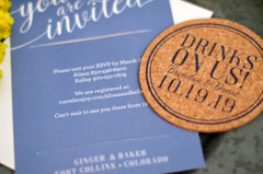 Drinks on Us Light Blue and Cream Cork Coaster Save the Date in Handwriting Includes A7 Envelope