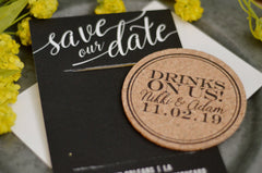 Black Modern Save the Date Script with Drinks on us Cork Coaster Save the Date with A7 Envelope