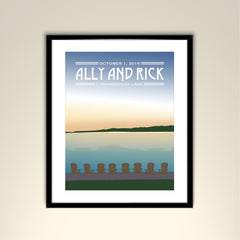 Canandaigua Lake with 8 Adirondack Chairs at Sunset 11x14 Poster- Wedding Poster personalized with Names and date (frame not included)