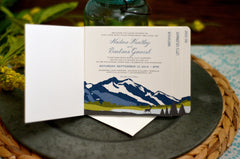 Leavenworth Mountain Landscape with Birch Trees and Deer Craftsman Wedding Livret Invitation // Wedding Invitation with Postcard RSVP