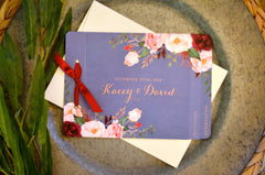 Floral Peony Wedding Invitation Burgundy and Smoky Blue - 3pg Wedding Invitation Booklet - Garden Booklet Wedding Invite