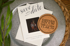 Navy and Cream Drinks on Us Cork Coaster Save the Date with Engagement Photos On Front & Back // Drinks on Us Wedding Cork Coaster