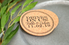 Navy and Cream Drinks on Us Cork Coaster Save the Date with Engagement Photos On Front & Back // Drinks on Us Wedding Cork Coaster