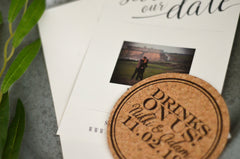 Navy and Cream Drinks on Us Cork Coaster Save the Date with Engagement Photos and Date On Front & Back // Drinks on Us Wedding Cork Coaster