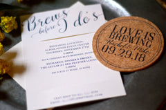 Brews Before I Do's Love is Brewing Rehearsal Dinner Wedding Engagement Photo Cork Coaster Invitation with Envelopes