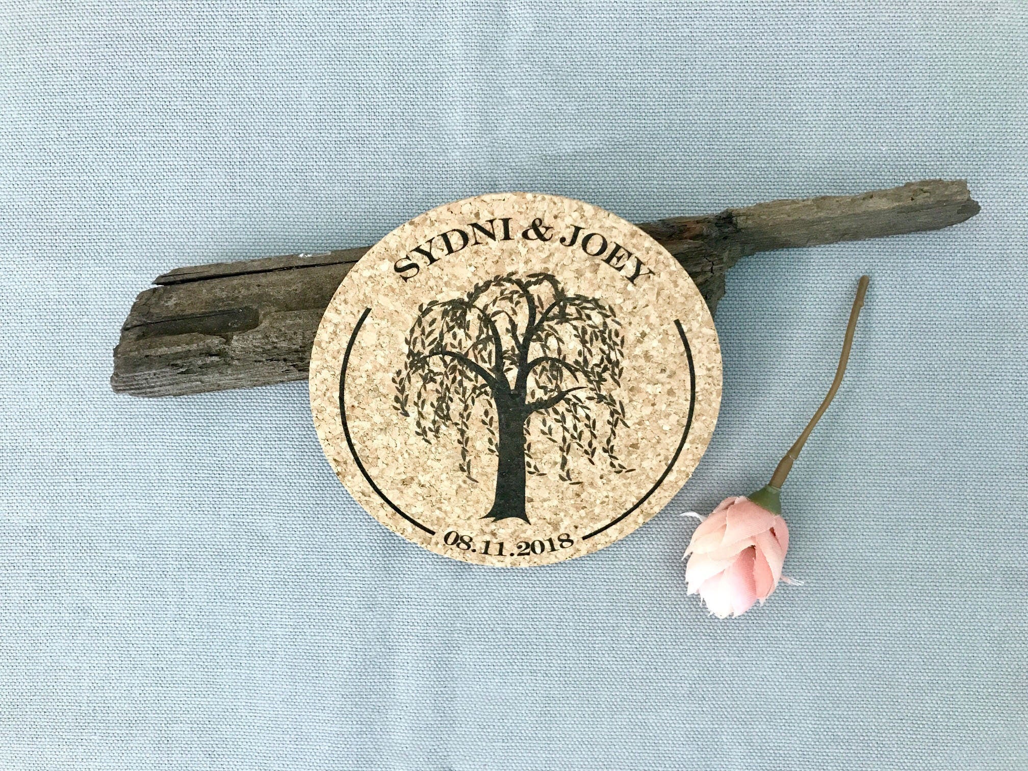 Weeping Willow Tree Personalized Cork Coaster Wedding Favors for Guests