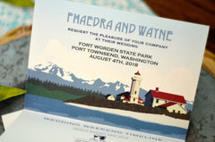 Fort Worden State Park Trifold Wedding Invitation // A6 Rustic Lighthouse Mountain Landscape Trifold Wedding Invite