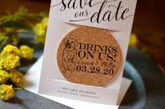 Drinks On Us Dogs Wedding Cork Coaster Save the Date with Photo // Black and Cream Dog Wedding Save the Date with Cork Coaster Favor