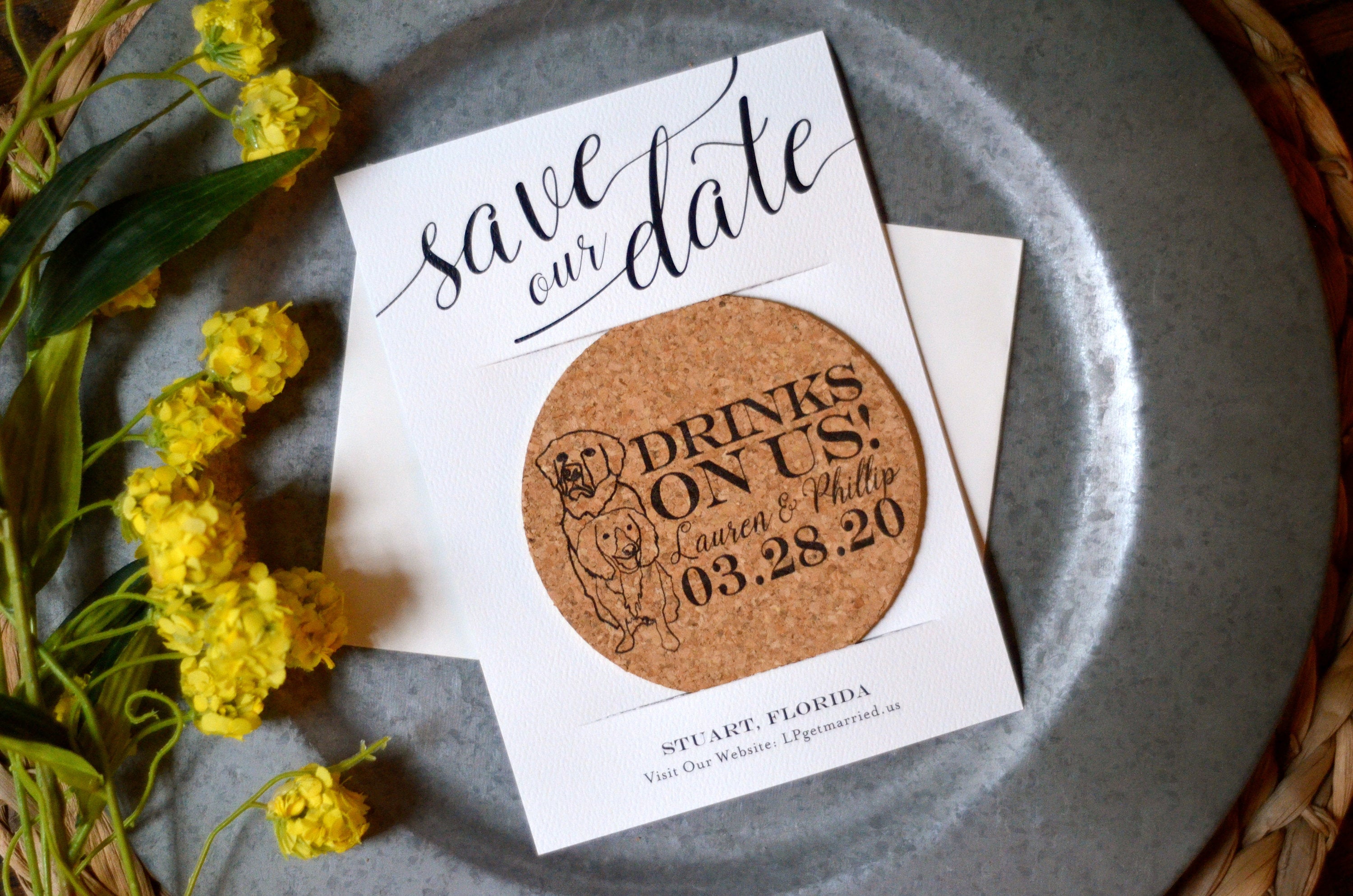 Drinks On Us Dogs Wedding Cork Coaster Save the Date with Photo // Black and Cream Dog Wedding Save the Date with Cork Coaster Favor