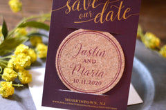 Personalized Wedding Save The Date Burgundy and Gold Cork Coaster Save the Date with A7 Envelopes