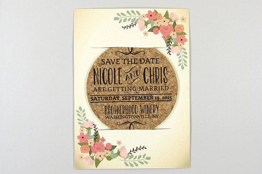 Vintage Floral Cork Coaster Save the Date with A7 Envelope