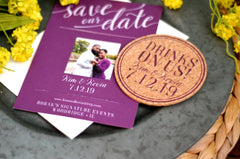 Drinks On Us Modern Purple and Blush Pink Handwritten Cork Coaster Save the Date with Photograph and Envelope