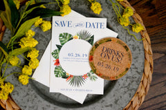 Tropical Bohemian Floral Greenery Wreath with Blue Script on Cork Coaster Save the Date and A7 Envelope
