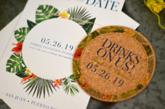 Tropical Bohemian Floral Greenery Wreath with Blue Script on Cork Coaster Save the Date and A7 Envelope