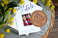 Navy and White Save The Date Drinks on Us Cork Coaster with Engagement Photos, Drinks on Us Wedding Cork Coaster, Unique Photo Save The Date