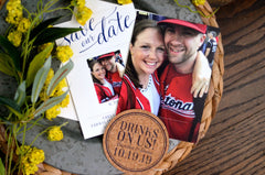 Navy and White Save The Date Drinks on Us Cork Coaster with Engagement Photos, Drinks on Us Wedding Cork Coaster, Unique Photo Save The Date