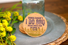 Navy and Green I Do BBQ Rehearsal Dinner Personalized Cork Coaster Wedding Favors with Wooded Background