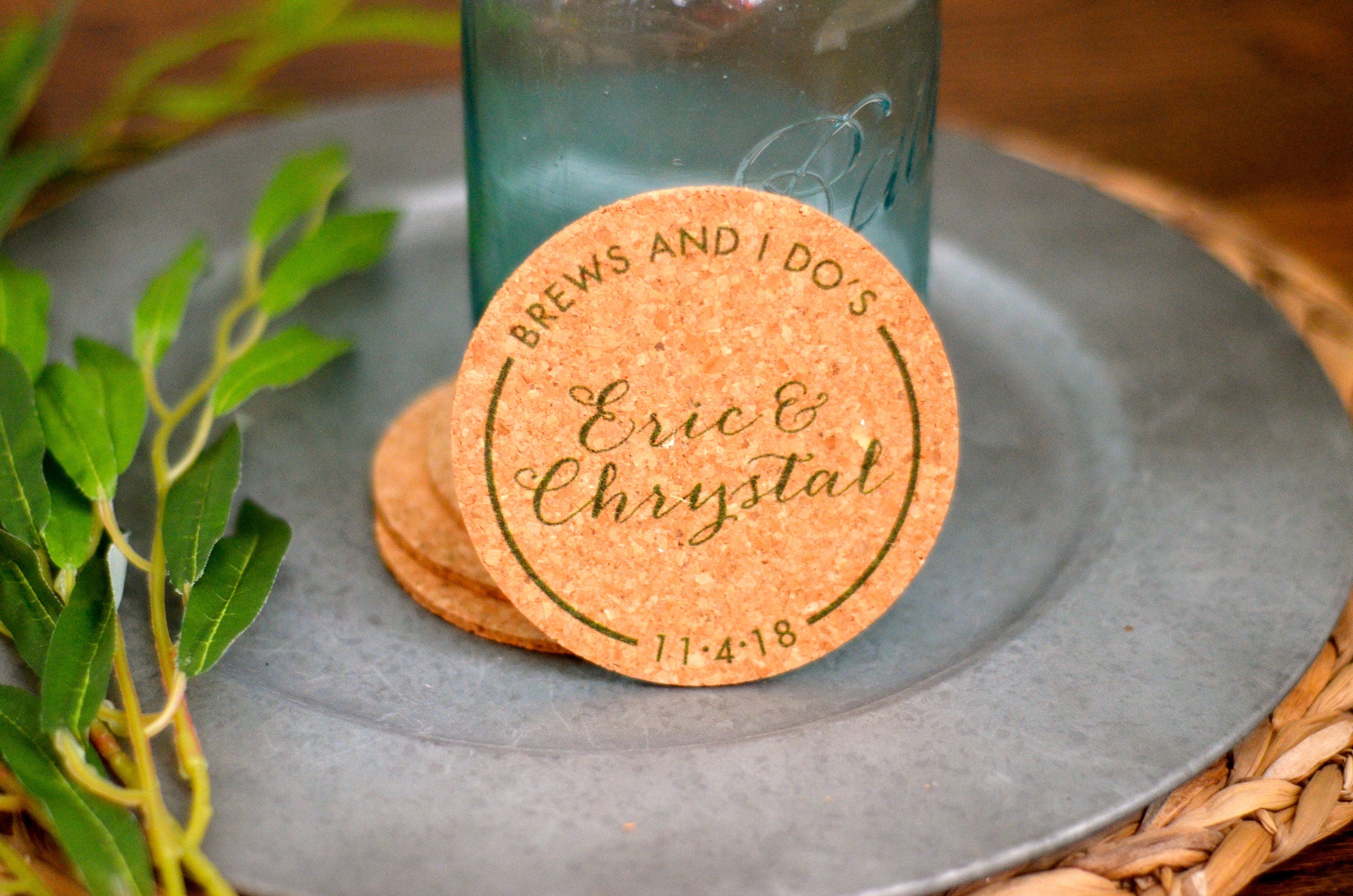 Green Brews and I Do&#39;s  Cork Coaster Wedding Favors for Guests // Distillery Wedding Favors - Personalize with Names and Date