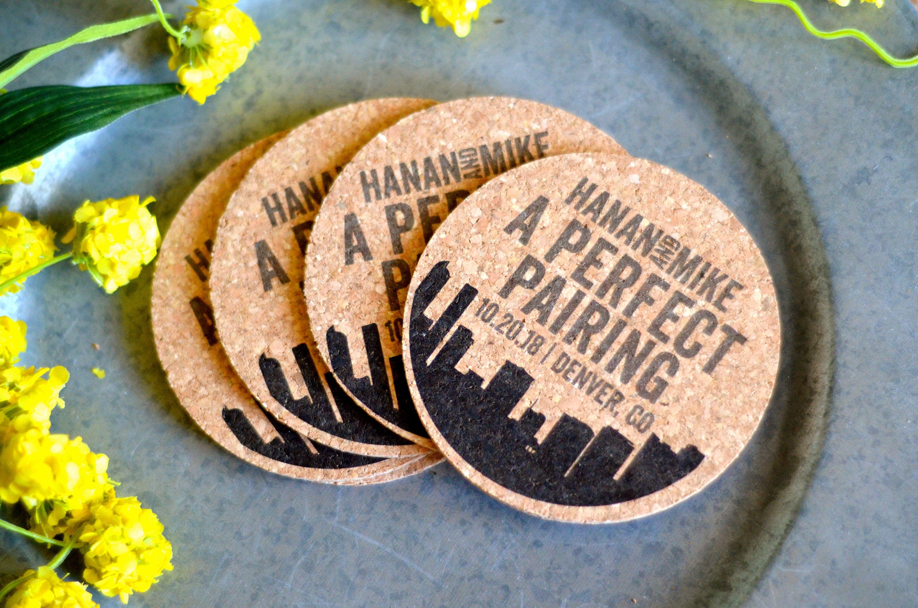 Denver Colorado Skyline Wedding Cork Coaster Favors Personalized with Names and Wedding Date // A Perfect Pairing Wine Cork Coaster Favor