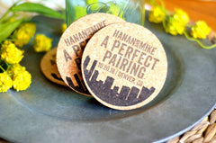 Denver Colorado Skyline Wedding Cork Coaster Favors Personalized with Names and Wedding Date // A Perfect Pairing Wine Cork Coaster Favor
