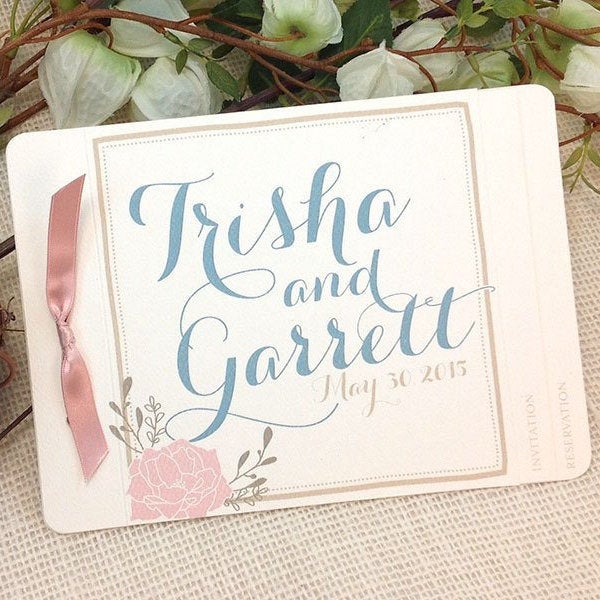 Rustic Elegant Blush and Tan Garden Wedding Livret Booklet Invitation, Pink Peonies Wedding Invitation