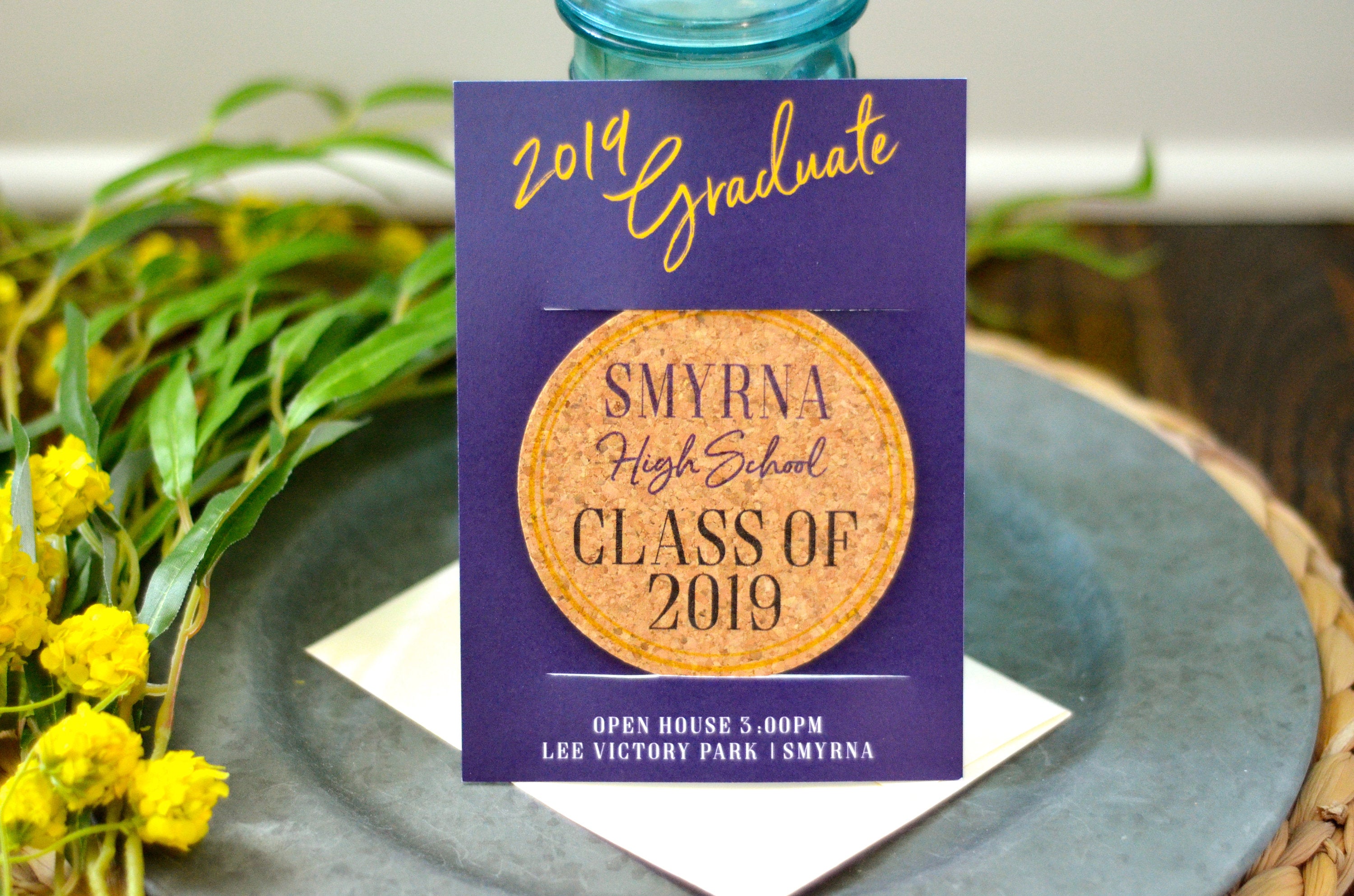 2019 Graduation Party Invitations & Announcement Purple and Gold // Photo Card Cork Coaster Save the Date with Envelopes