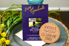 2019 Graduation Party Invitations & Announcement Purple and Gold // Photo Card Cork Coaster Save the Date with Envelopes