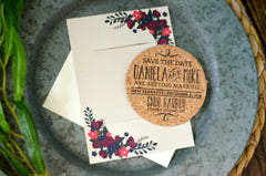 Vintage Floral Cork Coaster Save the Date Burgundy and Rose with Envelope
