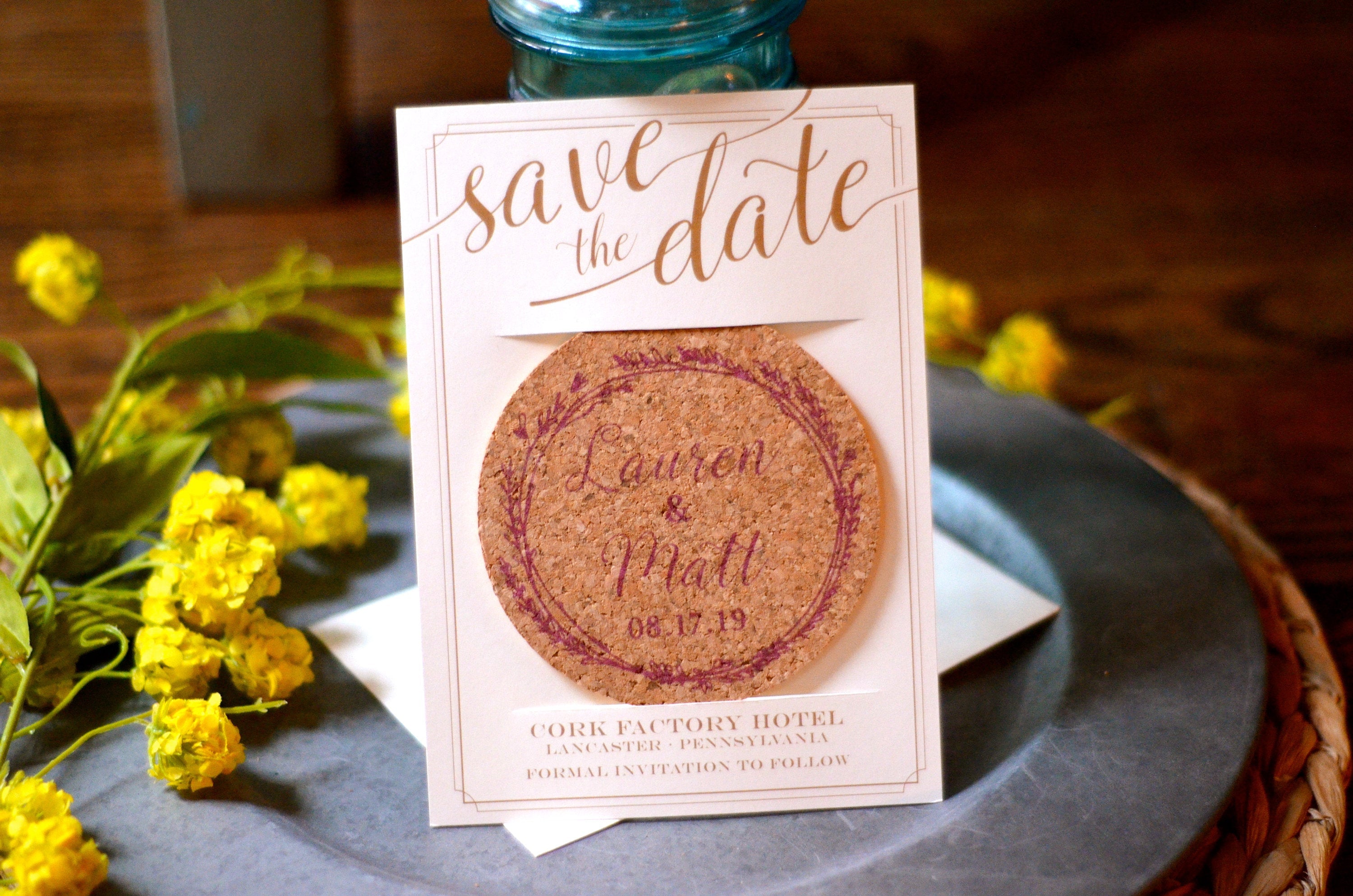Floral Wreath Wedding Cork Coaster Save the Date with Personalization // Gold and Burgundy Wedding Save the Date with Cork Coaster Favor
