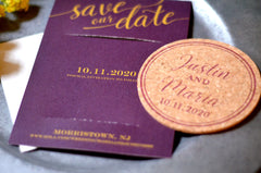 Personalized Wedding Save The Date Burgundy and Gold Cork Coaster Save the Date with A7 Envelopes