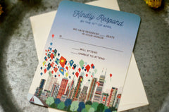 Modern Chicago Skyline Colorful Kites 5x7 Wedding Invitation with RSVP and Envelopes