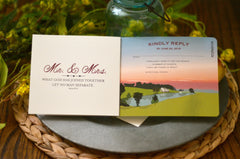 Mint Springs Farm Tennessee Wedding Invitation Landscape with Sunset Lake, 3pg Livret Wedding Invitation Booklet Style with Postcard RSVP
