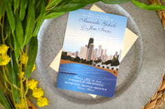 Chicago Skyline Lake Landscape with Dog 5x7 Wedding Invitation with RSVP Postcard // Wedding Celebration Announcement