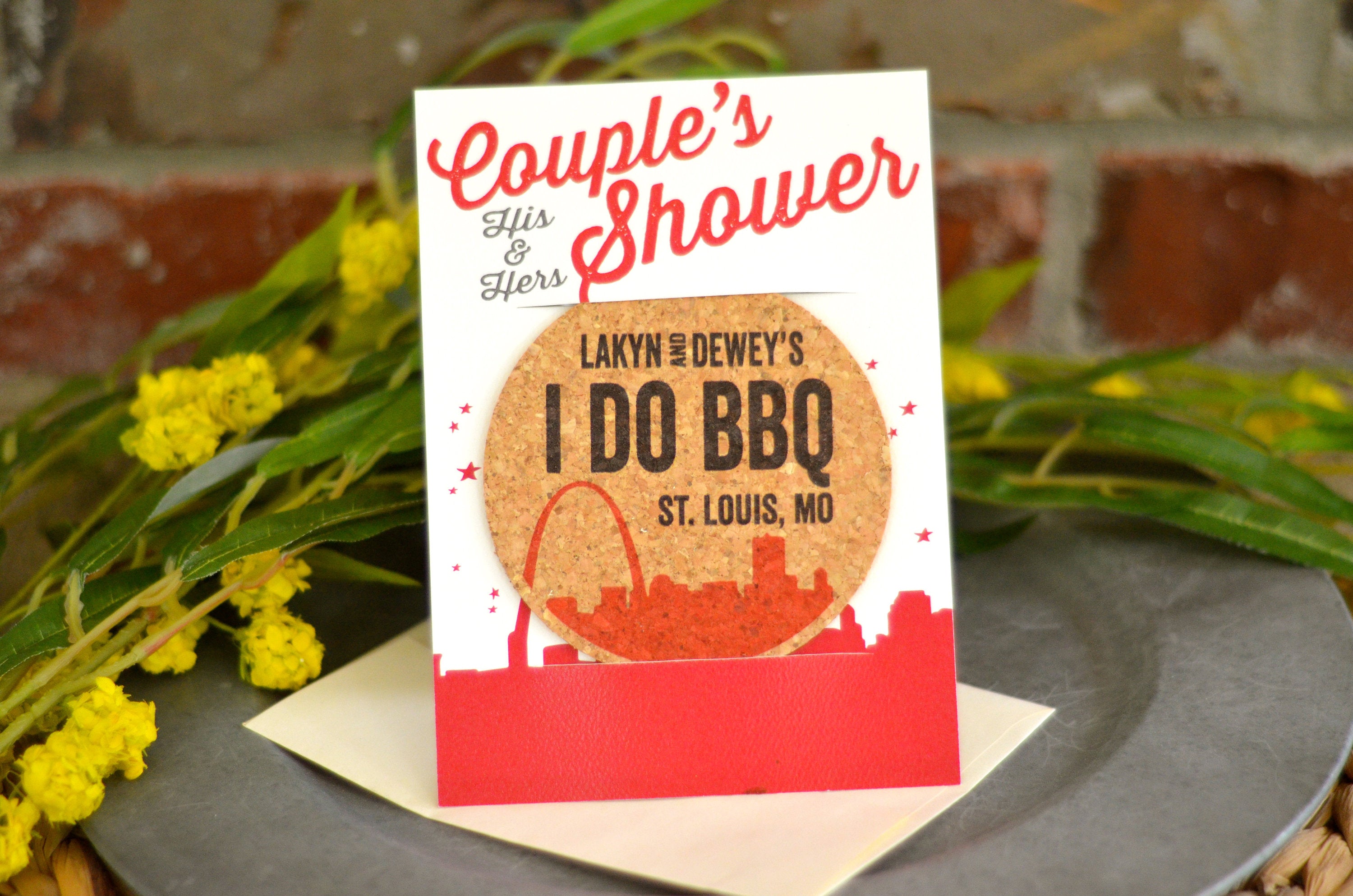 Red Rustic St. Louis Skyline &quot;I Do&quot; BBQ Couple&#39;s Shower Cork Coaster Invitation and A7 Envelope