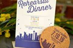 Dusty Blue Seattle Skyline Rehearsal Dinner Cork Coaster Invitation // Seattle Rehearsal Dinner Invite