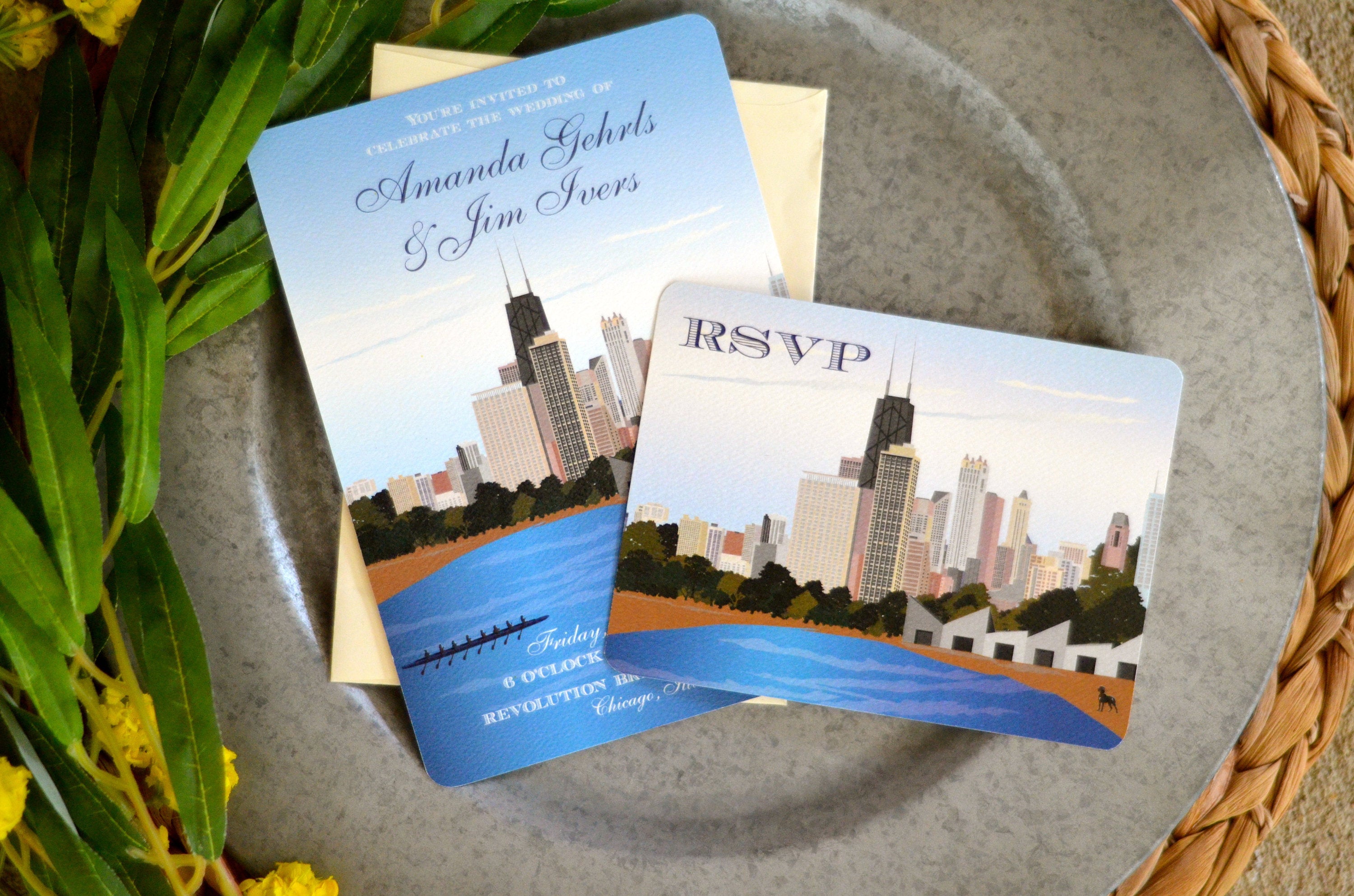 Chicago Skyline Lake Landscape with Dog 5x7 Wedding Invitation with RSVP Postcard // Wedding Celebration Announcement