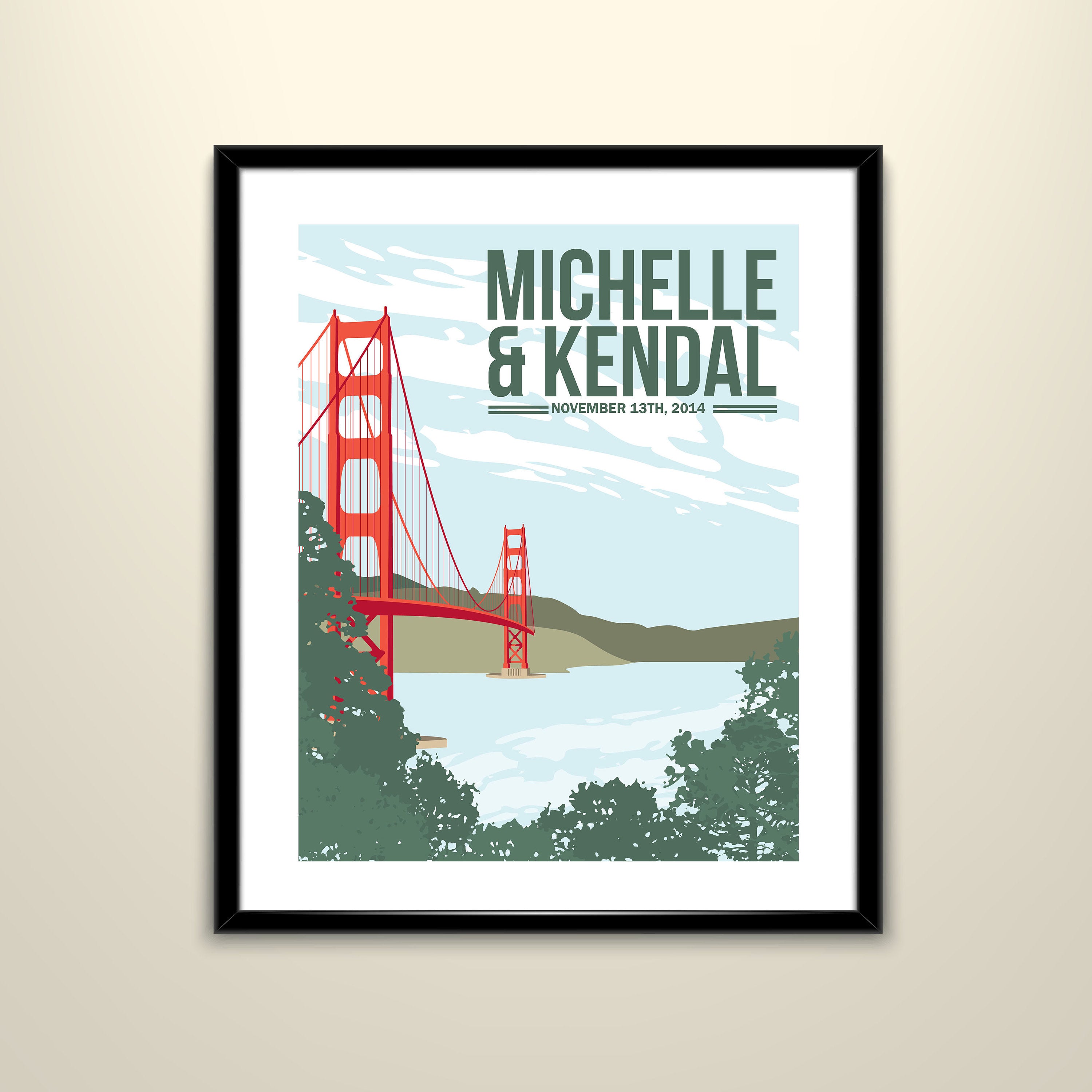 San Francisco Golden Gate Wedding Poster 11x14 Poster/Personalize with Names and wedding date (frame not included)